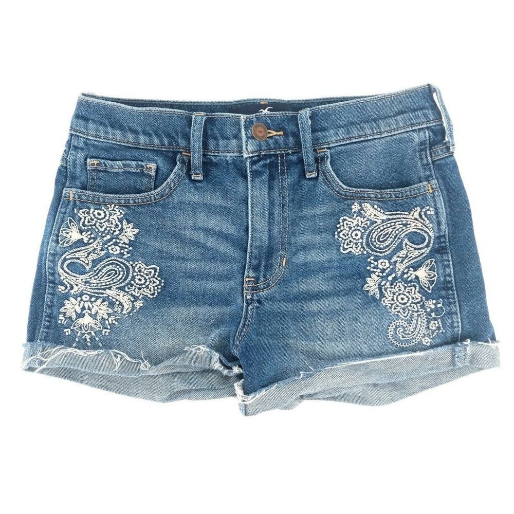 Hollister Jean Shorts Womens 3 26 High Rise Embroidered‎ Short Short Frayed Blue